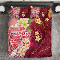 Polynesian Tribal Tattoo Bedding Set Plumeria Blood Red and Gold Marble Pattern