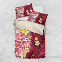 Polynesian Tribal Tattoo Bedding Set Plumeria Blood Red and Gold Marble Pattern