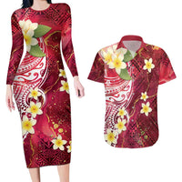 Polynesian Tribal Tattoo Couples Matching Long Sleeve Bodycon Dress and Hawaiian Shirt Plumeria Blood Red and Gold Marble Pattern