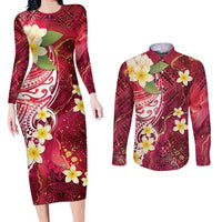 Polynesian Tribal Tattoo Couples Matching Long Sleeve Bodycon Dress and Long Sleeve Button Shirt Plumeria Blood Red and Gold Marble Pattern