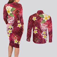 Polynesian Tribal Tattoo Couples Matching Long Sleeve Bodycon Dress and Long Sleeve Button Shirt Plumeria Blood Red and Gold Marble Pattern