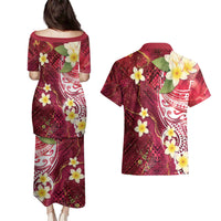 Polynesian Tribal Tattoo Couples Matching Puletasi and Hawaiian Shirt Plumeria Blood Red and Gold Marble Pattern
