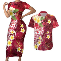 Polynesian Tribal Tattoo Couples Matching Short Sleeve Bodycon Dress and Hawaiian Shirt Plumeria Blood Red and Gold Marble Pattern