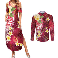 Polynesian Tribal Tattoo Couples Matching Summer Maxi Dress and Long Sleeve Button Shirt Plumeria Blood Red and Gold Marble Pattern
