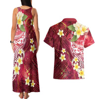 Polynesian Tribal Tattoo Couples Matching Tank Maxi Dress and Hawaiian Shirt Plumeria Blood Red and Gold Marble Pattern