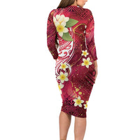 Polynesian Tribal Tattoo Family Matching Long Sleeve Bodycon Dress and Hawaiian Shirt Plumeria Blood Red and Gold Marble Pattern