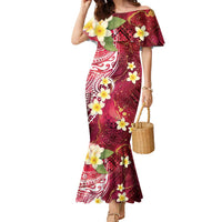 Polynesian Tribal Tattoo Family Matching Mermaid Dress and Hawaiian Shirt Plumeria Blood Red and Gold Marble Pattern