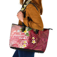 Polynesian Tribal Tattoo Leather Tote Bag Plumeria Blood Red and Gold Marble Pattern