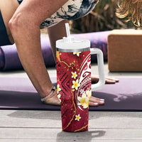 Polynesian Tribal Tattoo Tumbler With Handle Plumeria Blood Red and Gold Marble Pattern