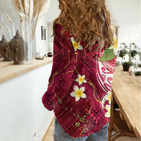 Polynesian Tribal Tattoo Women Casual Shirt Plumeria Blood Red and Gold Marble Pattern