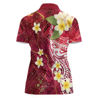 Polynesian Tribal Tattoo Women Polo Shirt Plumeria Blood Red and Gold Marble Pattern
