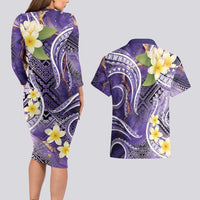 Polynesian Tribal Tattoo Couples Matching Long Sleeve Bodycon Dress and Hawaiian Shirt Plumeria Purple Marble Pattern