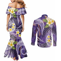 Polynesian Tribal Tattoo Couples Matching Mermaid Dress and Long Sleeve Button Shirt Plumeria Purple Marble Pattern