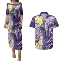 Polynesian Tribal Tattoo Couples Matching Puletasi and Hawaiian Shirt Plumeria Purple Marble Pattern