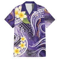 Polynesian Tribal Tattoo Family Matching Off The Shoulder Long Sleeve Dress and Hawaiian Shirt Plumeria Purple Marble Pattern