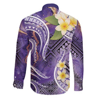Polynesian Tribal Tattoo Family Matching Off Shoulder Maxi Dress and Hawaiian Shirt Plumeria Purple Marble Pattern