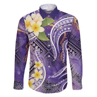 Polynesian Tribal Tattoo Family Matching Off Shoulder Short Dress and Hawaiian Shirt Plumeria Purple Marble Pattern