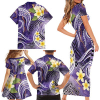 Polynesian Tribal Tattoo Family Matching Short Sleeve Bodycon Dress and Hawaiian Shirt Plumeria Purple Marble Pattern