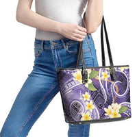 Polynesian Tribal Tattoo Leather Tote Bag Plumeria Purple Marble Pattern