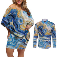 Polynesian Tribal Tattoo Couples Matching Off Shoulder Short Dress and Long Sleeve Button Shirt Swirling Ocean Marble Pattern