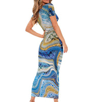 Polynesian Tribal Tattoo Family Matching Short Sleeve Bodycon Dress and Hawaiian Shirt Swirling Ocean Marble Pattern