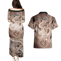 Personalised Aloha King Kamehameha Spirits Couples Matching Puletasi and Hawaiian Shirt Beige Special LT9 - Polynesian Pride