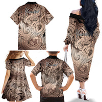 Personalised Aloha King Kamehameha Spirits Family Matching Off Shoulder Long Sleeve Dress and Hawaiian Shirt Beige Special LT9 - Polynesian Pride