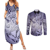 Personalised Aloha King Kamehameha Spirits Couples Matching Summer Maxi Dress and Long Sleeve Button Shirt Violet Special LT9 Violet - Polynesian Pride