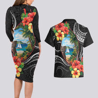 Hafa Adai Guam Couples Matching Long Sleeve Bodycon Dress and Hawaiian Shirt Guahan Seal Chamorro Stones Tribal