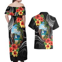 Hafa Adai Guam Couples Matching Off Shoulder Maxi Dress and Hawaiian Shirt Guahan Seal Chamorro Stones Tribal