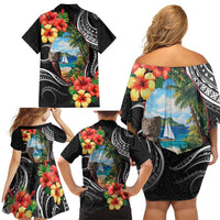 Hafa Adai Guam Family Matching Off Shoulder Short Dress and Hawaiian Shirt Guahan Seal Chamorro Stones Tribal