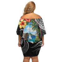 Hafa Adai Guam Family Matching Off Shoulder Short Dress and Hawaiian Shirt Guahan Seal Chamorro Stones Tribal