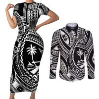Hafa Adai Guam Inspired Tattoo Couples Matching Short Sleeve Bodycon Dress and Long Sleeve Button Shirt