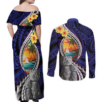 Hafa Adai Guam Seal Latte Stones Artwork Couples Matching Off Shoulder Maxi Dress and Long Sleeve Button Shirt