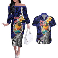 Hafa Adai Guam Seal Latte Stones Artwork Couples Matching Off The Shoulder Long Sleeve Dress and Hawaiian Shirt