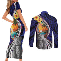 Hafa Adai Guam Seal Latte Stones Artwork Couples Matching Short Sleeve Bodycon Dress and Long Sleeve Button Shirt