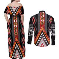 Niho Taniwha Taniko Motif Couples Matching Off Shoulder Maxi Dress and Long Sleeve Button Shirt