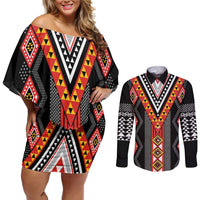 Niho Taniwha Taniko Motif Couples Matching Off Shoulder Short Dress and Long Sleeve Button Shirt