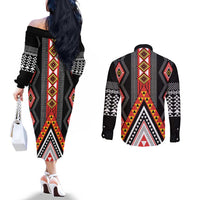 Niho Taniwha Taniko Motif Couples Matching Off The Shoulder Long Sleeve Dress and Long Sleeve Button Shirt