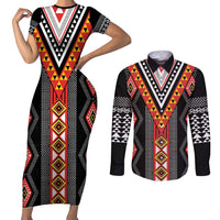 Niho Taniwha Taniko Motif Couples Matching Short Sleeve Bodycon Dress and Long Sleeve Button Shirt