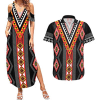 Niho Taniwha Taniko Motif Couples Matching Summer Maxi Dress and Hawaiian Shirt
