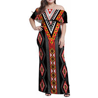 Niho Taniwha Taniko Motif Family Matching Off Shoulder Maxi Dress and Hawaiian Shirt