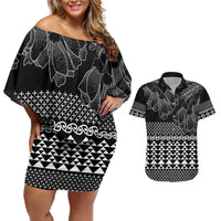 Black Taniko Kowhaiwhai Tukutuku Motif Couples Matching Off Shoulder Short Dress and Hawaiian Shirt