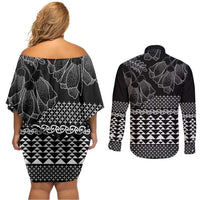 Black Taniko Kowhaiwhai Tukutuku Motif Couples Matching Off Shoulder Short Dress and Long Sleeve Button Shirt