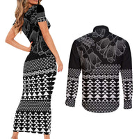 Black Taniko Kowhaiwhai Tukutuku Motif Couples Matching Short Sleeve Bodycon Dress and Long Sleeve Button Shirt