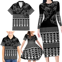 Black Taniko Kowhaiwhai Tukutuku Motif Family Matching Long Sleeve Bodycon Dress and Hawaiian Shirt
