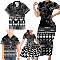 Black Taniko Kowhaiwhai Tukutuku Motif Family Matching Short Sleeve Bodycon Dress and Hawaiian Shirt
