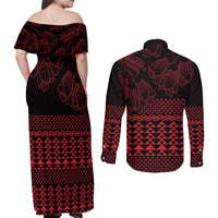 Red Taniko Kowhaiwhai Tukutuku Motif Couples Matching Off Shoulder Maxi Dress and Long Sleeve Button Shirt