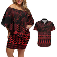 Red Taniko Kowhaiwhai Tukutuku Motif Couples Matching Off Shoulder Short Dress and Hawaiian Shirt