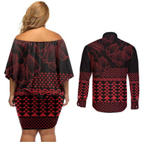 Red Taniko Kowhaiwhai Tukutuku Motif Couples Matching Off Shoulder Short Dress and Long Sleeve Button Shirt